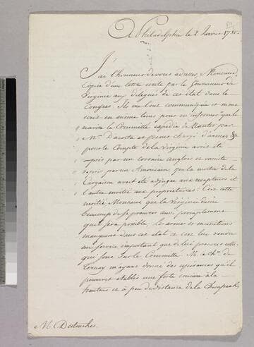 Letter : Philadelphia, to Charles-René-Dominique Sochet Destouches, 1780 January 2