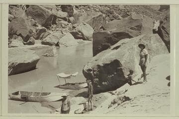 San Juan River trip of 1938.  Two of the 15 foot and the 10 foot folding boats appear.  L to R:  ___, Kent Frost, Jackie Frost and Elzada Clover