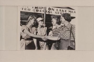 Margaret Marston, Doris Nevills, Rosalind Johnson and Lucile Hiser at Lake Mead Boat Dock; Boulder City. End of Nevills 1948 Grand Canyon traverse
